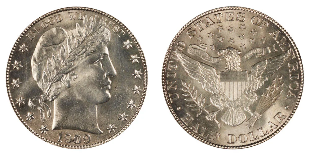 1909 Barber Half Dollar obverse and reverse showing Liberty head and spread eagle design