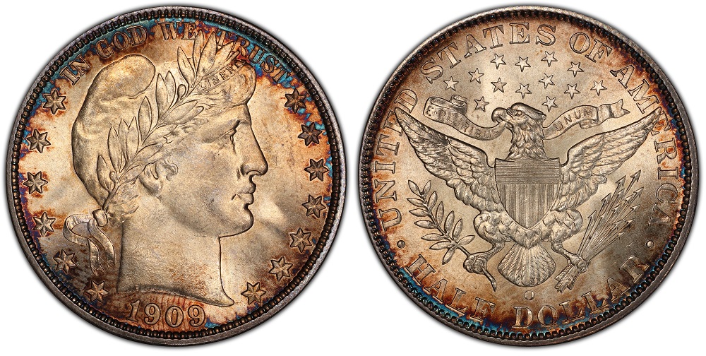 1909-O Barber Half Dollar reverse showing O mintmark vs 1909 Philadelphia reverse with no mintmark, side-by-side comparison