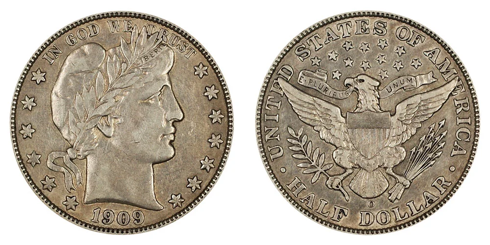 1909-O Barber Half Dollar reverse close-up showing the large New Orleans O mintmark below the eagle