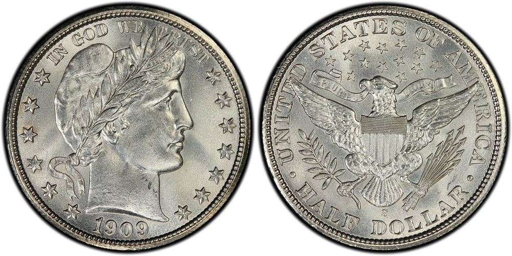 1909-S Barber Half Dollar inverted mintmark close-up showing FS-501 variety with secondary S punch visible beneath the primary mintmark