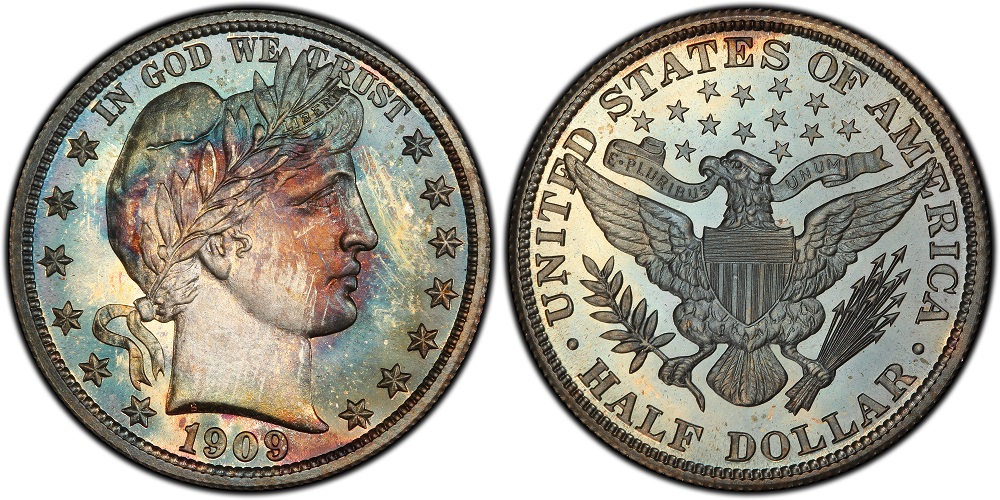 1909 Proof Barber Half Dollar showing deeply mirrored fields and frosted Liberty devices with cameo contrast