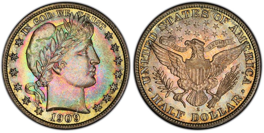 1909-S Barber Half Dollar in high-grade Mint State condition showing full strike detail and frosty original mint luster