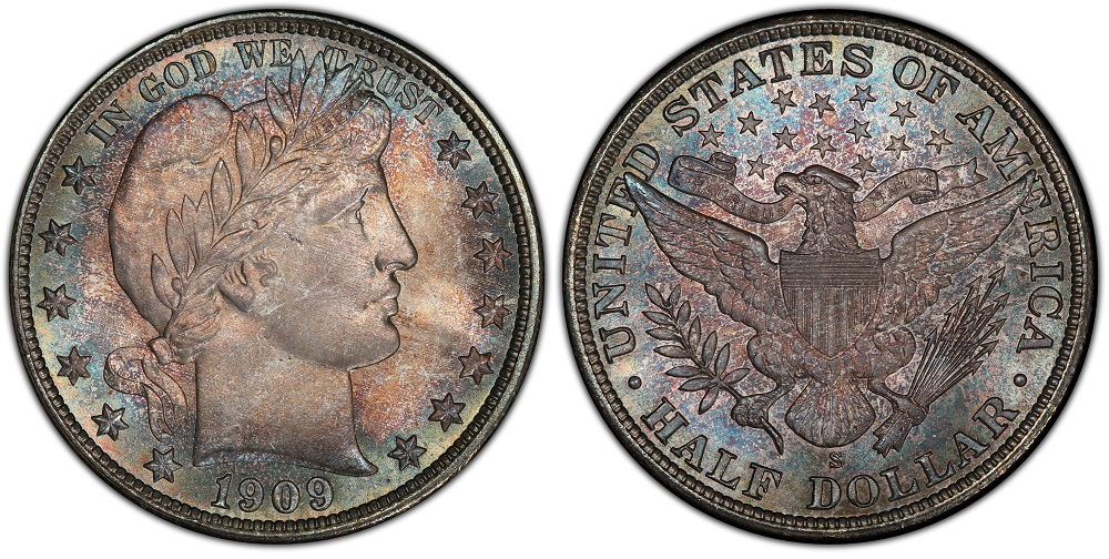 Historical view of the New Orleans Mint facility alongside a grouping of 1909 Barber Half Dollars showing all three mint marks