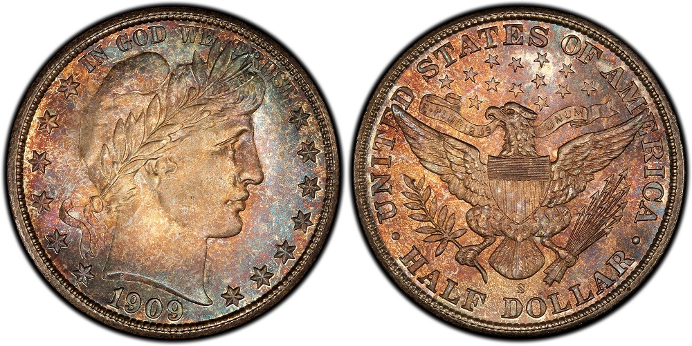 1909 Barber Half Dollar grading strip showing four specimens from worn G-4 through circulated VF-20, uncirculated AU-55, and Gem MS-64